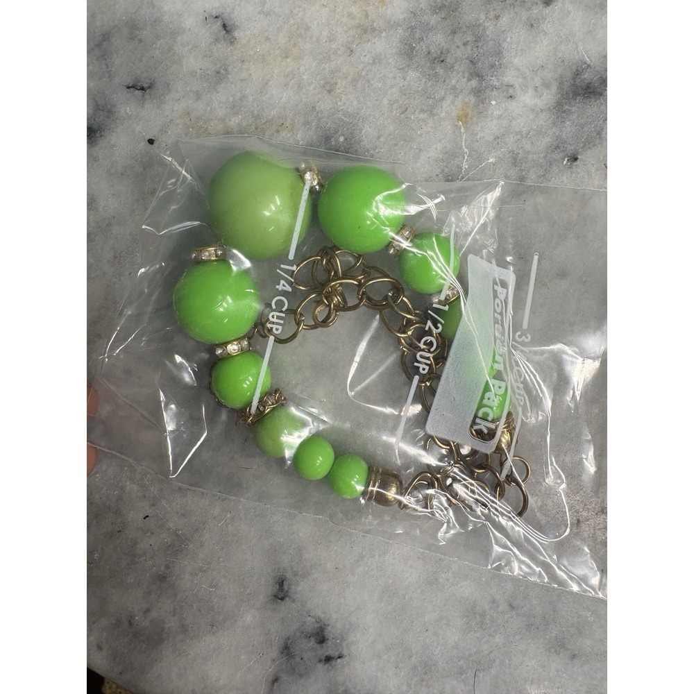 Green Beaded Charm Bracelet with Round Plastic Beads, Gold Tone Chain